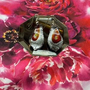 Silver and Orange/Red Glass Teardrop Pendant Earrings